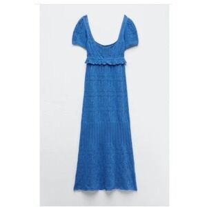 Zara Crochet Dress Blue Ruffle Boho Resort Feminine Maxi Cottagecore Coquette S